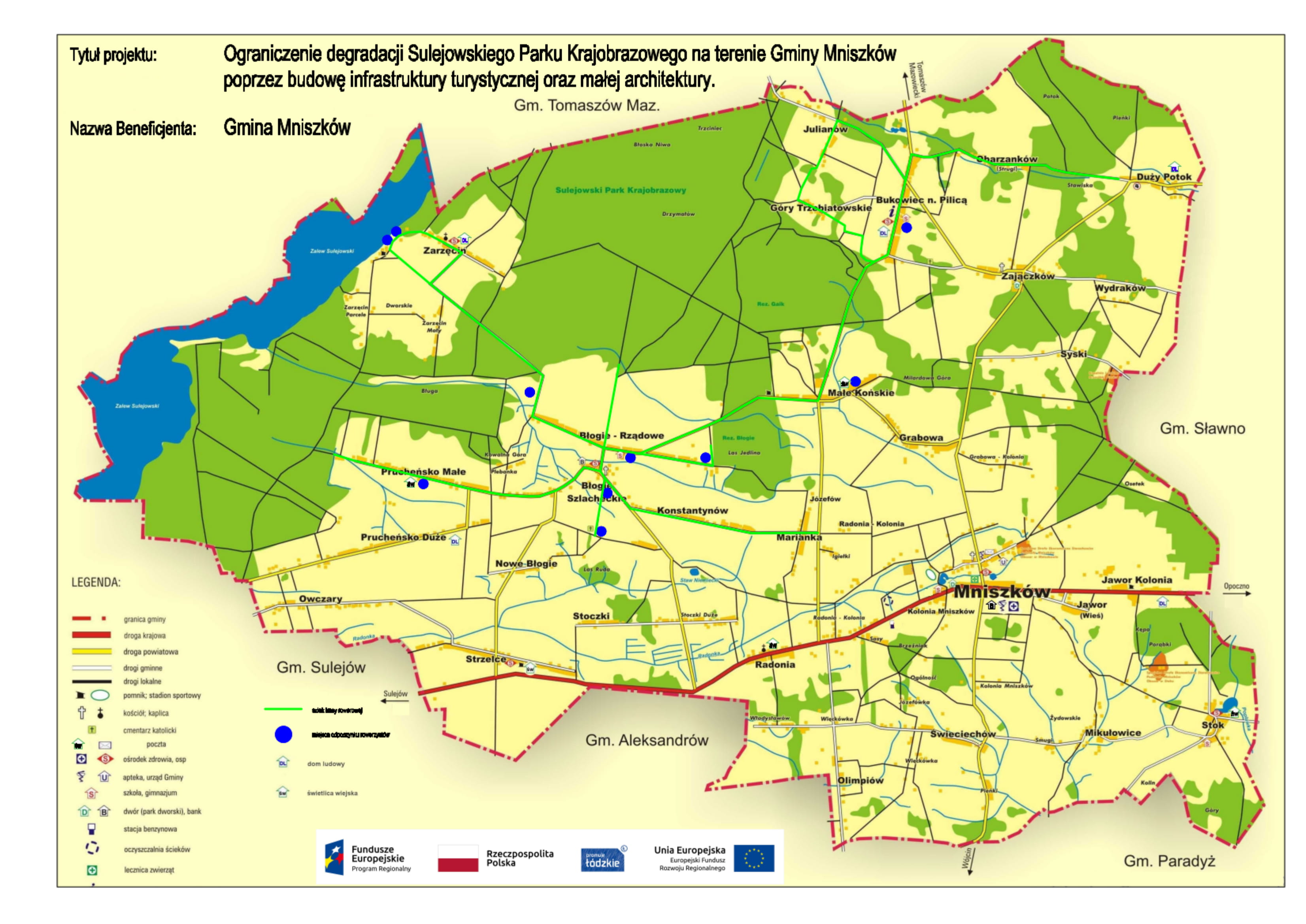 Mapa gminy Mniszków z narysowanymi ścieżkami na zielono